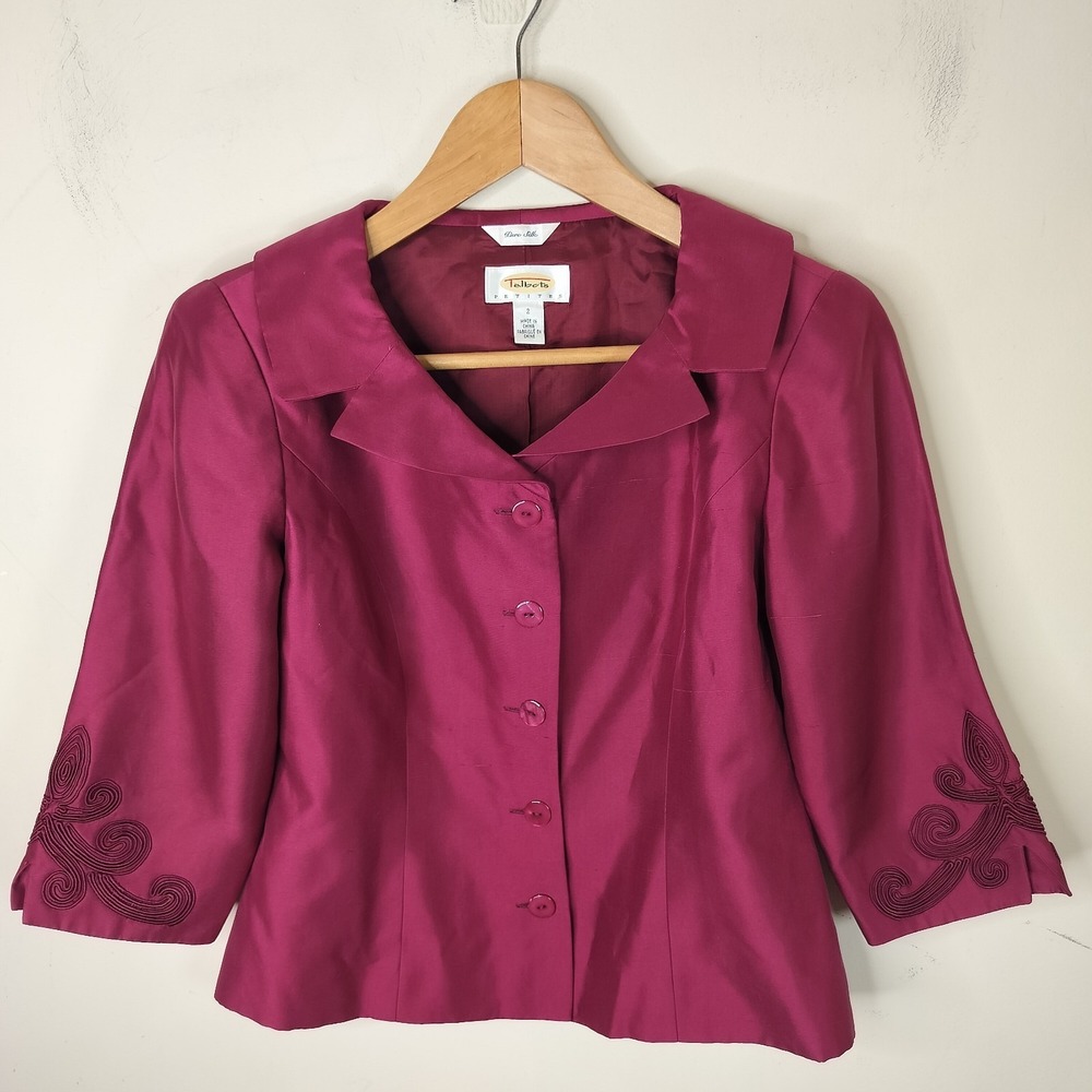 Talbots Silk Suit Jacket Embroidered 3/4 Sleeve Office Career